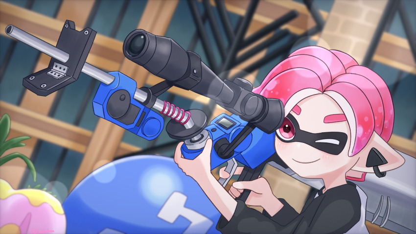 1boy blurry blurry_background closed_mouth commentary_request e-liter_4k_(splatoon) gun highres holding holding_gun holding_weapon inkling inkling_boy inkling_player_character lens_flare male_focus one_eye_closed outdoors pink_eyes pink_hair pointy_ears scope short_hair smile solo splatoon_(series) splatoon_3 tentacle_hair thick_eyebrows tonbofree weapon