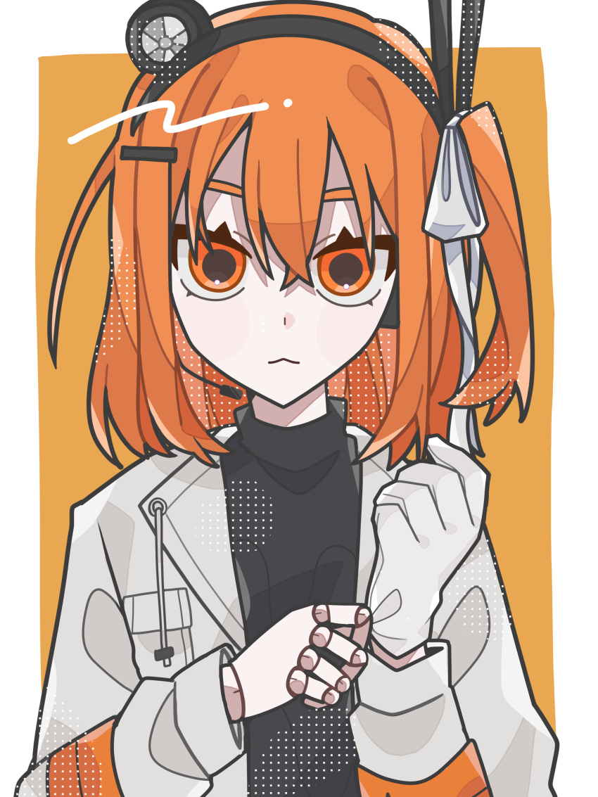 1girl :3 a.i._voice absurdres adachi_rei black_shirt border closed_mouth doll_joints glove_pull gloves hair_ribbon halftone headlamp headset highres jacket joints long_sleeves looking_at_viewer medium_hair one_side_up open_clothes open_jacket orange_background orange_eyes orange_hair outside_border radio_antenna ribbon shirt single_glove solo suima_ramu tsurime turtleneck_shirt upper_body utau white_border white_gloves white_jacket white_ribbon