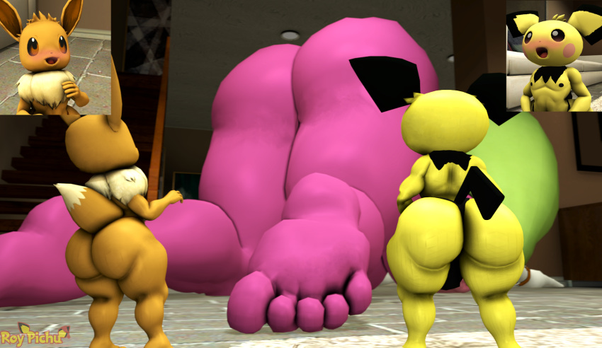 anthro bent_over big_butt blush butt dr.ivopingasnik eevee feet female generation_1_pokemon generation_2_pokemon generation_7_pokemon group growing growth hi_res humanoid macro male nintendo pichu pokemon pokemon_(species) roythepichu size_difference steenee trio