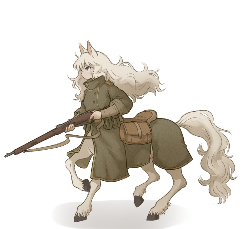 1girl animal_ears bag belt_pouch blue_eyes centauroid commentary english_commentary from_side full_body grey_hair gun highres holding holding_gun holding_weapon long_hair long_sleeves looking_ahead military_uniform original pouch profile rifle saddle simple_background sleeves_rolled_up solo tateoftot taur turtleneck uniform weapon white_background