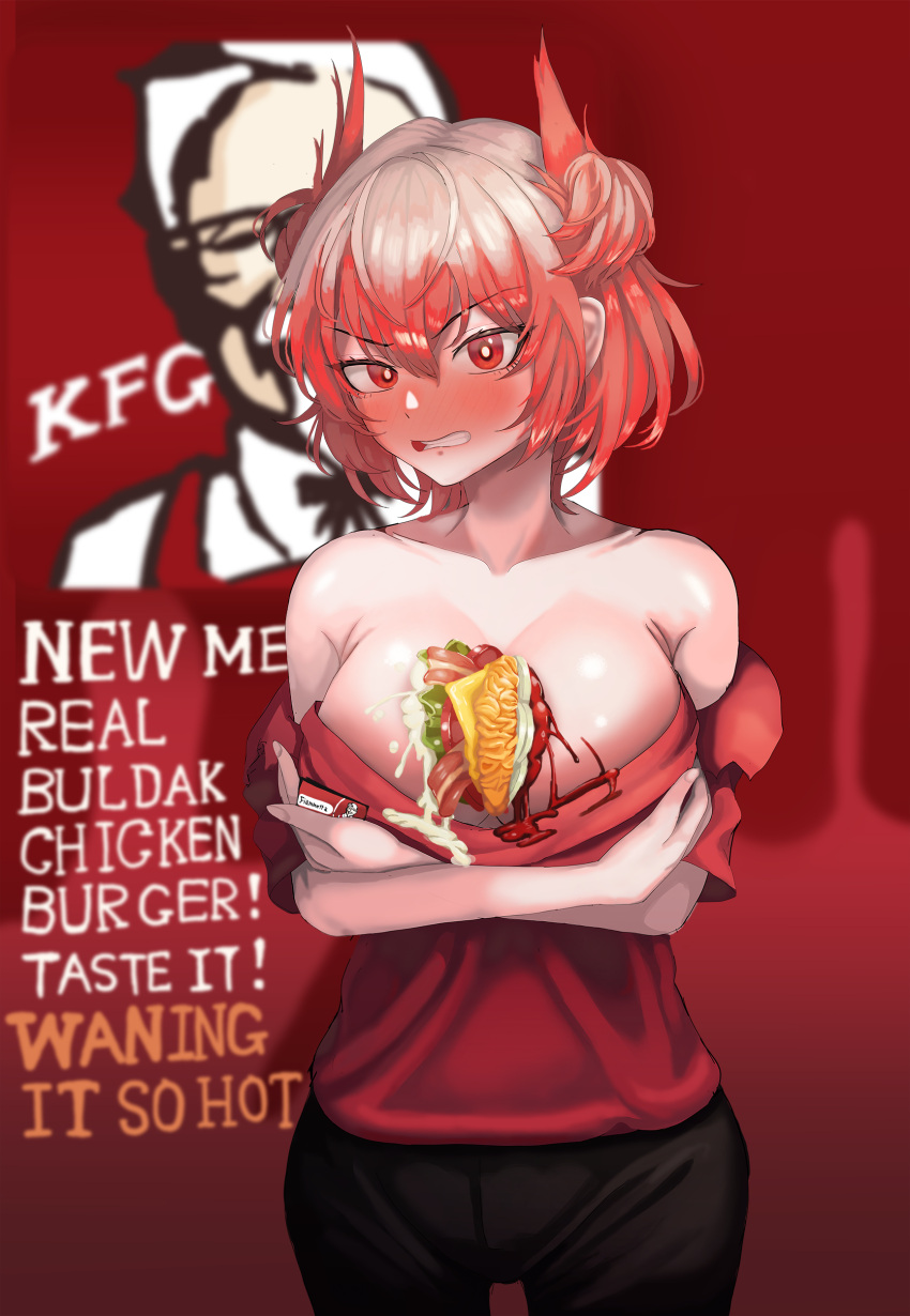 1girl absurdres alternate_costume arknights bare_shoulders between_breasts black_pants blush breasts bright_pupils cheese clenched_teeth collarbone colonel_sanders commentary_request cowboy_shot fiammetta_(arknights) food gomsang-oh hair_between_eyes highres kfc large_breasts looking_at_viewer mayonnaise off_shoulder pants pointy_hair red_background red_eyes red_hair red_shirt shirt short_hair short_sleeves solo standing teeth v-shaped_eyebrows white_pupils