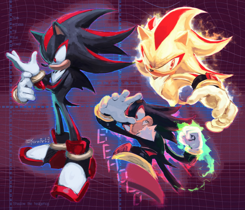 1boy absurdres adjusting_clothes adjusting_gloves black_footwear clenched_hand english_commentary english_text furry furry_male gloves glowing highres kornart multicolored_footwear multiple_views red_eyes red_footwear shadow_the_hedgehog shadow_the_hedgehog_(game) sonic_(series) super_shadow twitter_username white_footwear white_gloves