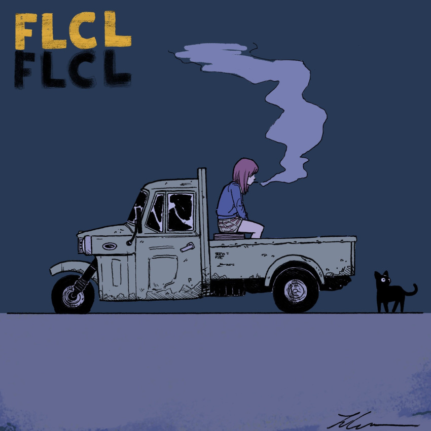 1girl blue_jacket cat cigarette commentary copyright_name english_commentary flcl highres jacket lcr_comics medium_hair miniskirt motor_vehicle pickup_truck pleated_skirt red_hair samejima_mamimi signature sitting skirt smoking takkun_(flcl) truck