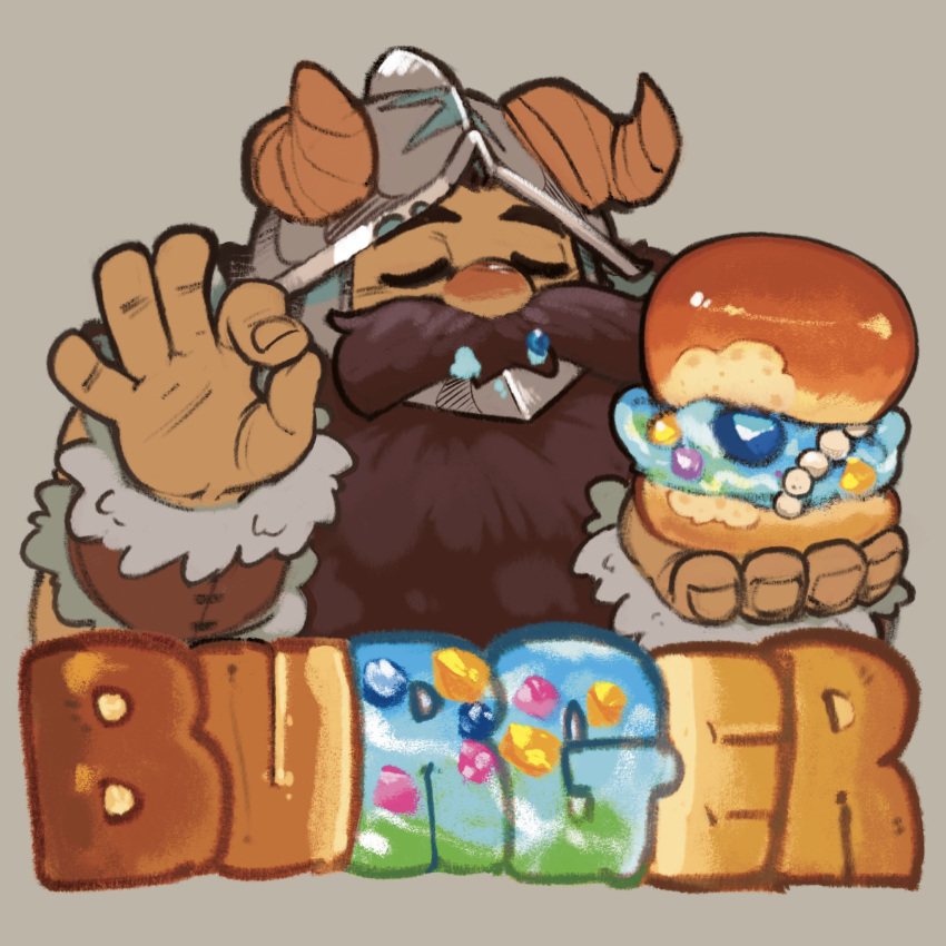 1boy beads beard burger closed_eyes commentary covered_mouth dungeon_meshi dwarf english_text facial_hair facing_viewer fake_horns fingernails food food_bite food_on_face gem grey_background hands_up helmet highres holding holding_food horned_helmet horns long_beard male_focus mustache ok_sign senshi_(dungeon_meshi) simple_background solo thefireseal upper_body