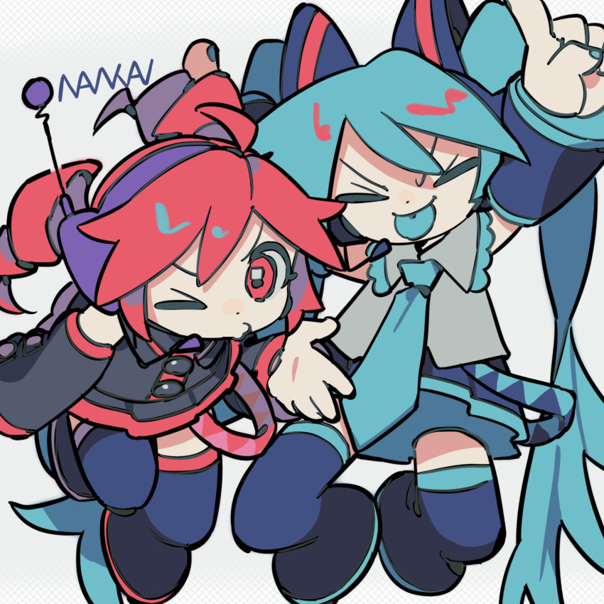 2girls :p ahoge arms_up black_shirt black_skirt black_sleeves blowing_kiss blue_footwear blue_hair blue_skirt blue_sleeves boots chibi closed_eyes commentary detached_sleeves drill_hair facing_viewer floating_hair full_body grey_shirt hair_ornament hatsune_miku headset highres kasane_teto long_hair looking_at_viewer multiple_girls nankai_(nankai_san) one_eye_closed pleated_skirt pointing pointing_up radio_antenna red_hair shirt signature simple_background skirt sleeveless sleeveless_shirt smile symbol-only_commentary thigh_boots tongue tongue_out twin_drills twintails utau v-shaped_eyebrows very_long_hair vocaloid