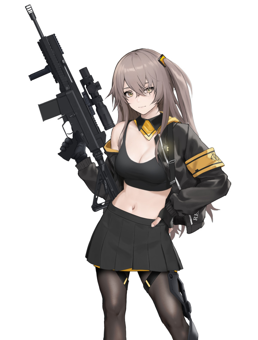 1girl 404_(girls'_frontline) absurdres armband black_crop_top black_gloves black_jacket black_pantyhose black_skirt breasts brown_hair cleavage cowboy_shot crop_top girls'_frontline gloves gun hair_between_eyes hand_on_own_hip hand_up highres holding holding_gun holding_weapon jacket long_hair looking_at_viewer medium_breasts navel one_side_up open_clothes open_jacket pantyhose partially_fingerless_gloves pleated_skirt rifle scar scar_across_eye scope second-party_source shuten_(project_sky) simple_background skirt trigger_discipline ump45_(girls'_frontline) weapon weapon_name white_background yellow_armband yellow_eyes