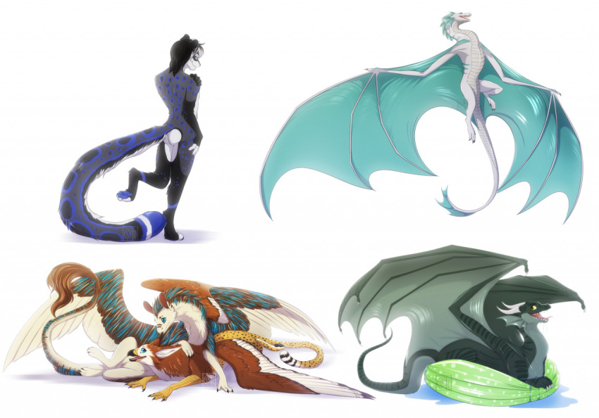 2021 anthro avian claws digital_media_(artwork) dragon felid feline feral group gryphon horn leopard male mammal membrane_(anatomy) membranous_wings mythological_avian mythology nude open_mouth pantherine scalie silvyr smile spines teeth tongue western_dragon wings wyvern