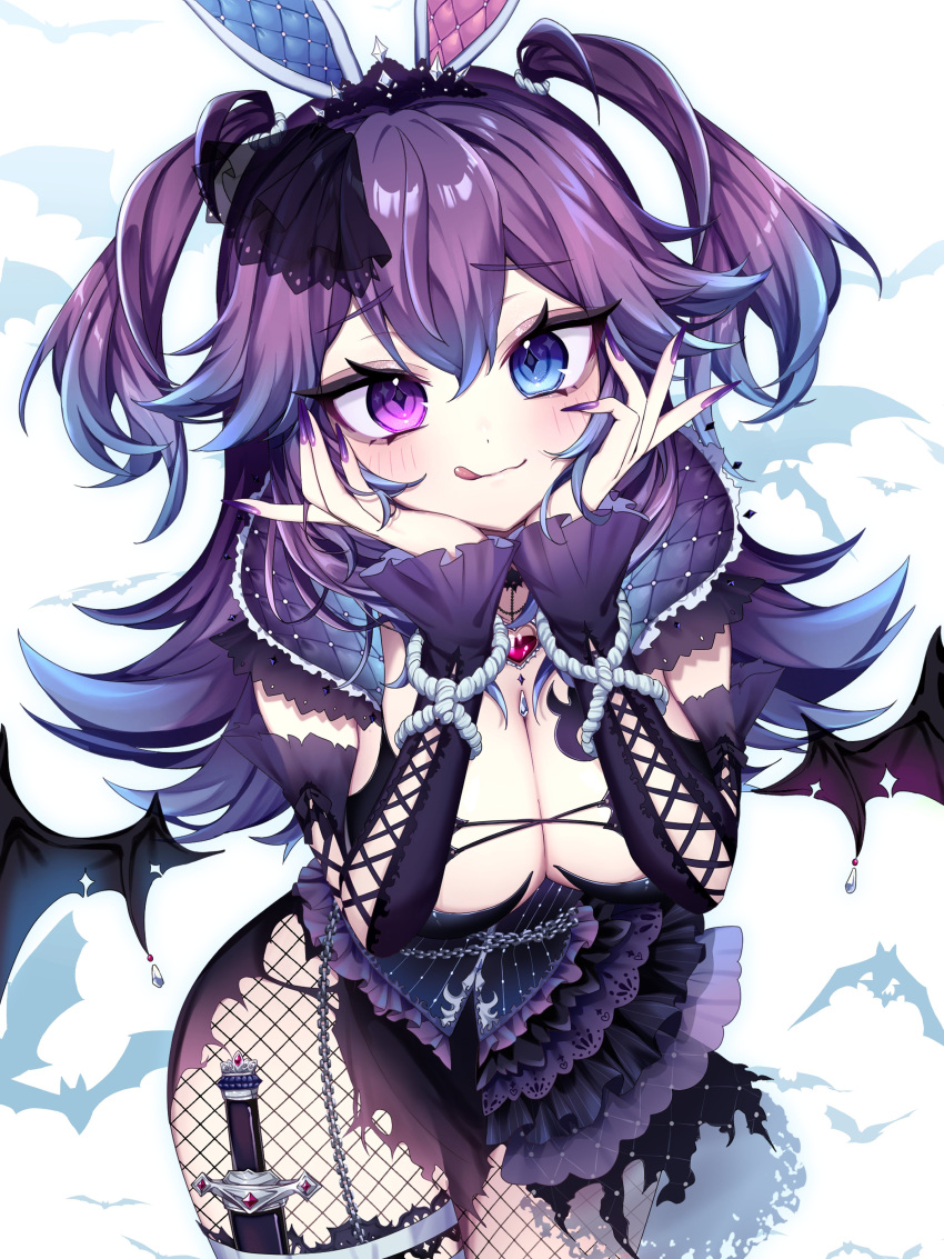 1girl :q absurdres animal_ears bat_(animal) bat_wings black_leotard black_skirt black_sleeves blue_eyes blue_hair breasts cleavage colored_tips cottontail_(vtuber) cross-laced_clothes cross-laced_sleeves detached_sleeves detached_wings fake_animal_ears fishnet_pantyhose fishnets frilled_leotard frills hair_ornament hands_on_own_cheeks hands_on_own_face heterochromia highres ichiko_1234 indie_virtual_youtuber knife large_breasts leotard long_hair multicolored_hair pantyhose purple_eyes purple_hair purple_nails rabbit_ears sheath sheathed skirt solo thigh_sheath tongue tongue_out torn_clothes torn_skirt two_side_up virtual_youtuber wings