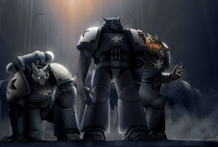 adeptus_astartes angry anthro armor black_armor black_body black_fur black_templar canid canine fog fox fur grey_body grey_fur group hi_res kneeling kneeling_on_one_leg male mammal maned_wolf open_mouth orange_body orange_fur space_marine space_marine_armor standing thewyvernsweaver trio warhammer_(franchise) warhammer_40000