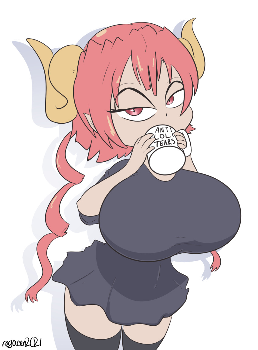 animal_humanoid big_breasts breasts clothing cup dragon dragon_humanoid dress female hair hi_res horn huge_breasts humanoid iruru legwear looking_at_viewer miss_kobayashi's_dragon_maid pink_eyes pink_hair regacen simple_background stockings text