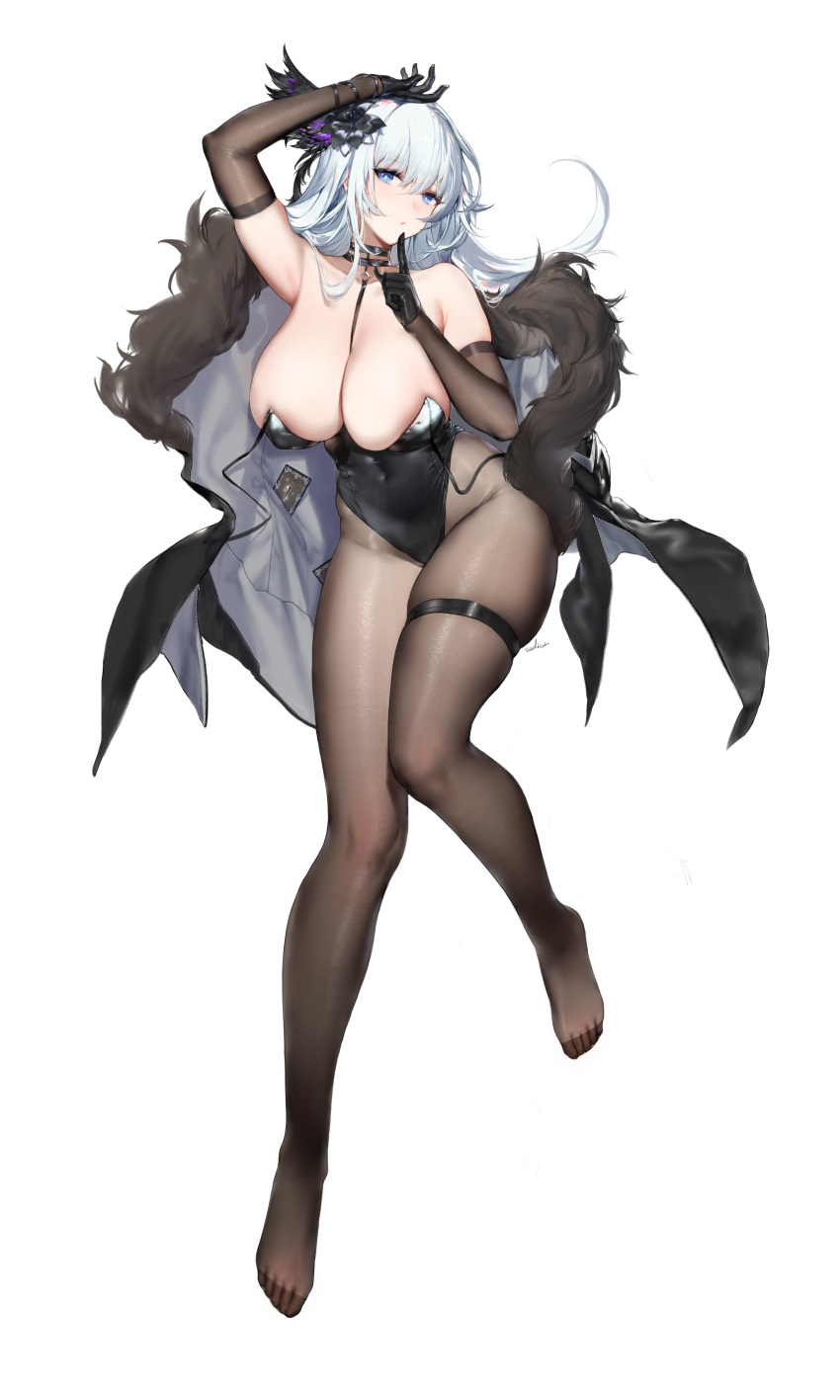 1girl absurdres black_bridal_gauntlets black_gloves black_panther blue_eyes blush breasts bridal_gauntlets coat collar curvy feather_hair_ornament feathers flower full_body fur-trimmed_coat fur_trim gloves hair_flower hair_ornament highres huge_breasts jacket long_hair no_shoes original pantyhose playboy_bunny shiny_clothes shiny_legwear skindentation swd3e2 thigh_strap white_coat white_hair wide_hips