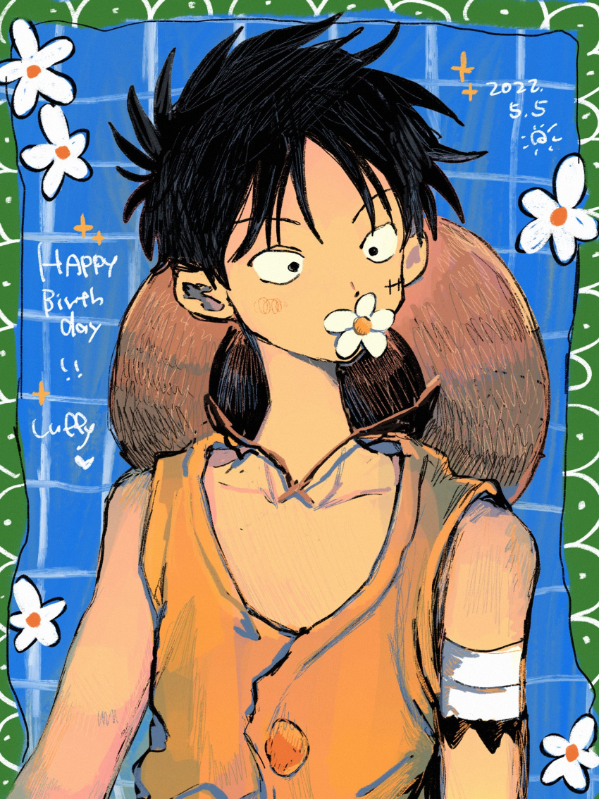 1boy 2022 black_hair blue_background border buttons character_name daisy dated flower green_border hair_flower hair_ornament happy_birthday hat highres looking_to_the_side makenevemoiine male_focus monkey_d._luffy one_piece scar scar_on_face shirt short_hair sleeveless solo straw_hat upper_body yellow_shirt