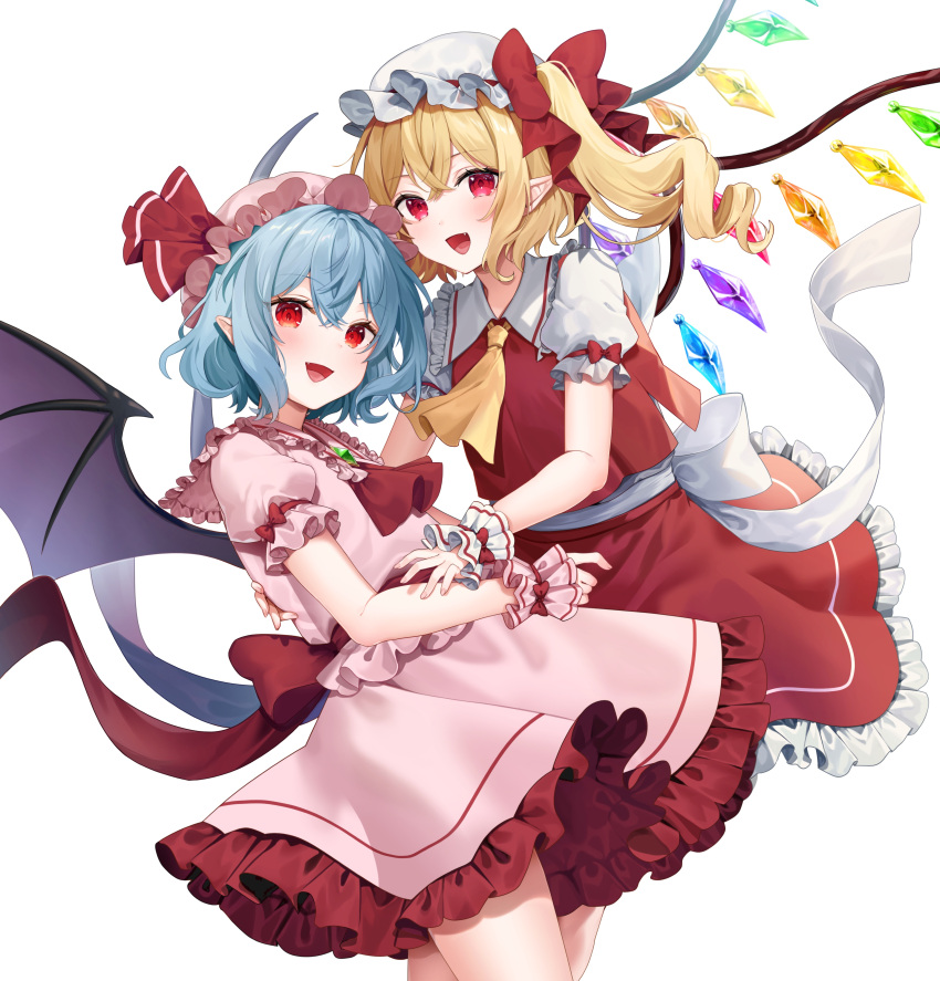 2girls :d absurdres ascot blonde_hair blue_hair bow collared_shirt commentary_request cowboy_shot crystal fang flandre_scarlet frilled_shirt_collar frilled_skirt frills hat hat_bow highres long_hair looking_at_viewer mob_cap multiple_girls open_mouth pink_shirt pink_skirt pointy_ears puffy_short_sleeves puffy_sleeves red_ascot red_eyes red_ribbon red_skirt red_vest remilia_scarlet ribbon shirt short_hair short_sleeves siblings simple_background sisters skirt smile touhou usushio vest white_background white_shirt wings wrist_cuffs yellow_ascot