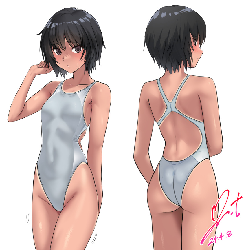 1girl amagami ass black_hair breasts brown_eyes commentary_request commission competition_swimsuit cowboy_shot dated grey_one-piece_swimsuit highleg highleg_swimsuit highres multiple_views nanasaki_ai one-piece_swimsuit one-piece_tan pixiv_commission short_hair signature simple_background small_breasts swimsuit tan tanlines two-tone_swimsuit white_background yoo_tenchi