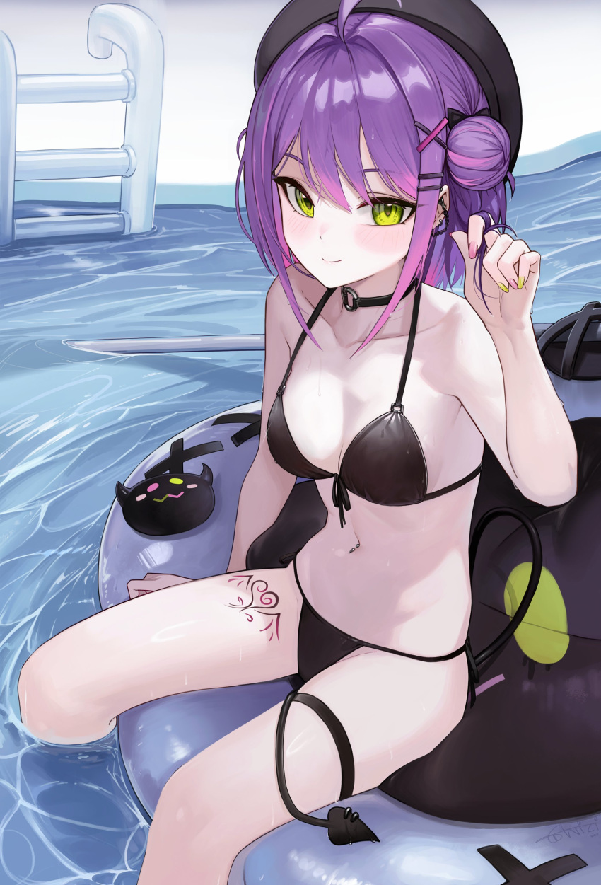 1girl absurdres anizi bibi_(tokoyami_towa) bikini black_bikini black_choker breasts choker commentary demon_girl demon_tail front-tie_bikini_top front-tie_top green_eyes hair_ornament hairpin halterneck hat heart heart_tattoo highres hololive leg_tattoo looking_at_viewer multicolored_hair nail_polish navel navel_piercing o-ring o-ring_choker piercing pink_hair pool purple_hair revision short_hair side-tie_bikini_bottom small_breasts solo string_bikini swimsuit symbol-only_commentary tail tail_ornament tail_piercing tattoo thigh_strap tokoyami_towa twirling_hair virtual_youtuber winged_heart_tattoo x_hair_ornament