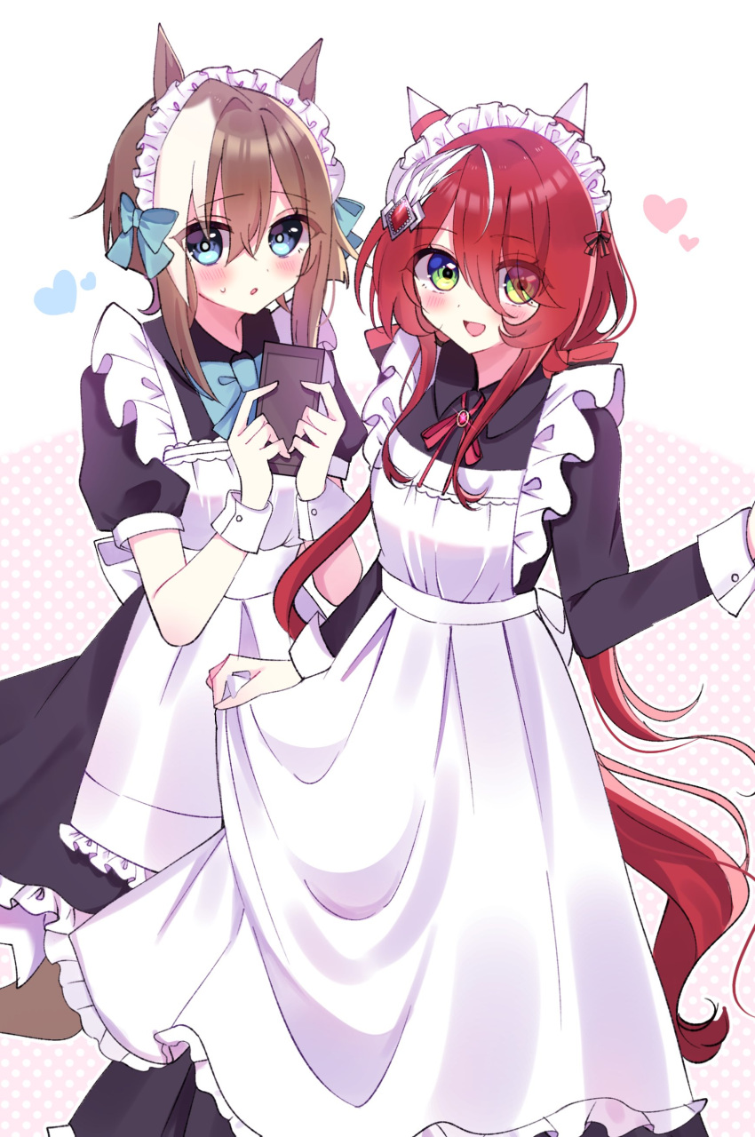 2girls absurdres alternate_costume animal_ears apron blush breasts brown_hair cheval_grand_(umamusume) commentary_request enmaided green_eyes hair_between_eyes hair_ornament heart highres horse_girl low_twintails maid maid_headdress medium_breasts multiple_girls nameko_(aa_04) notebook open_mouth red_hair twintails umamusume white_background win_variation_(umamusume)