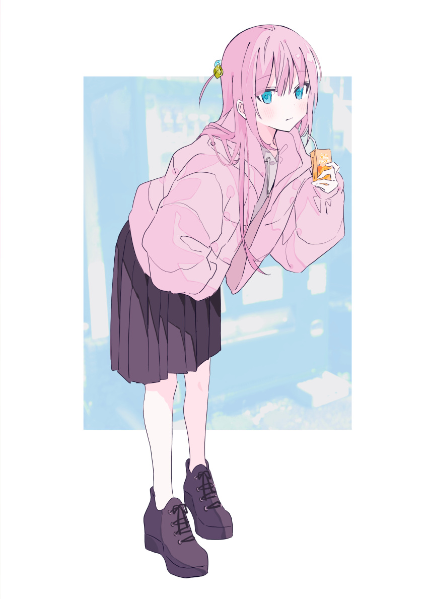 1girl absurdres black_footwear black_skirt blue_eyes blush bocchi_the_rock! closed_mouth coat commentary_request cube_hair_ornament drink drinking_straw full_body gotoh_hitori hair_between_eyes hair_ornament hand_in_pocket hand_up highres holding holding_drink hood hoodie inset_border juice_box leaning_forward long_hair long_sleeves looking_at_viewer one_side_up open_clothes open_coat photo_inset pink_coat pink_hair pleated_skirt puffy_long_sleeves puffy_sleeves sidelocks skirt solo standing sutera_sea thick_eyelashes vending_machine white_hoodie