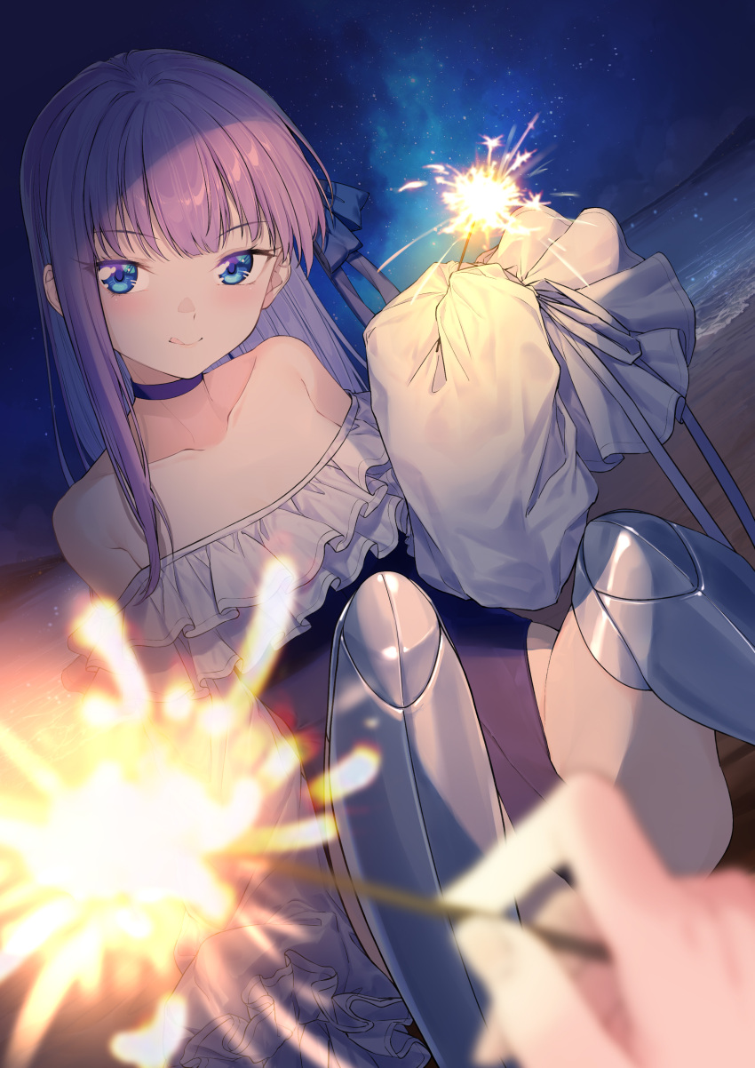 1girl absurdres bare_shoulders blue_eyes blue_one-piece_swimsuit blue_ribbon blush breasts choker coffeekite fate/grand_order fate_(series) fireworks highleg highleg_swimsuit highres long_hair looking_at_viewer meltryllis_(fate) meltryllis_(swimsuit_lancer)_(fate) meltryllis_(swimsuit_lancer)_(second_ascension)_(fate) off-shoulder_one-piece_swimsuit off_shoulder one-piece_swimsuit prosthesis prosthetic_leg purple_hair ribbon sleeves_past_fingers sleeves_past_wrists small_breasts smile solo_focus sparkler swimsuit