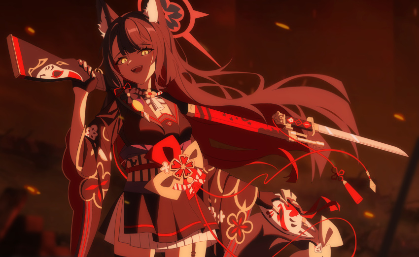 1girl :d absurdres animal_ears arisaka bayonet black_gloves black_kimono black_skirt black_thighhighs blue_archive blunt_bangs bolt_action brown_hair commentary_request cowboy_shot dusk_ming embers fangs fingerless_gloves floating_hair fox_ears fox_girl fox_mask gloves glowing glowing_eyes gun halo highres holding holding_gun holding_mask holding_weapon japanese_clothes kimono long_bangs long_hair long_sleeves looking_at_viewer mask night obi open_mouth outdoors over_shoulder parted_bangs petticoat pleated_skirt rifle sash school_uniform serafuku short_kimono side_slit sidelocks skirt smile smoke solo straight_hair teeth thighhighs wakamo_(blue_archive) weapon weapon_over_shoulder wide_sleeves yellow_eyes