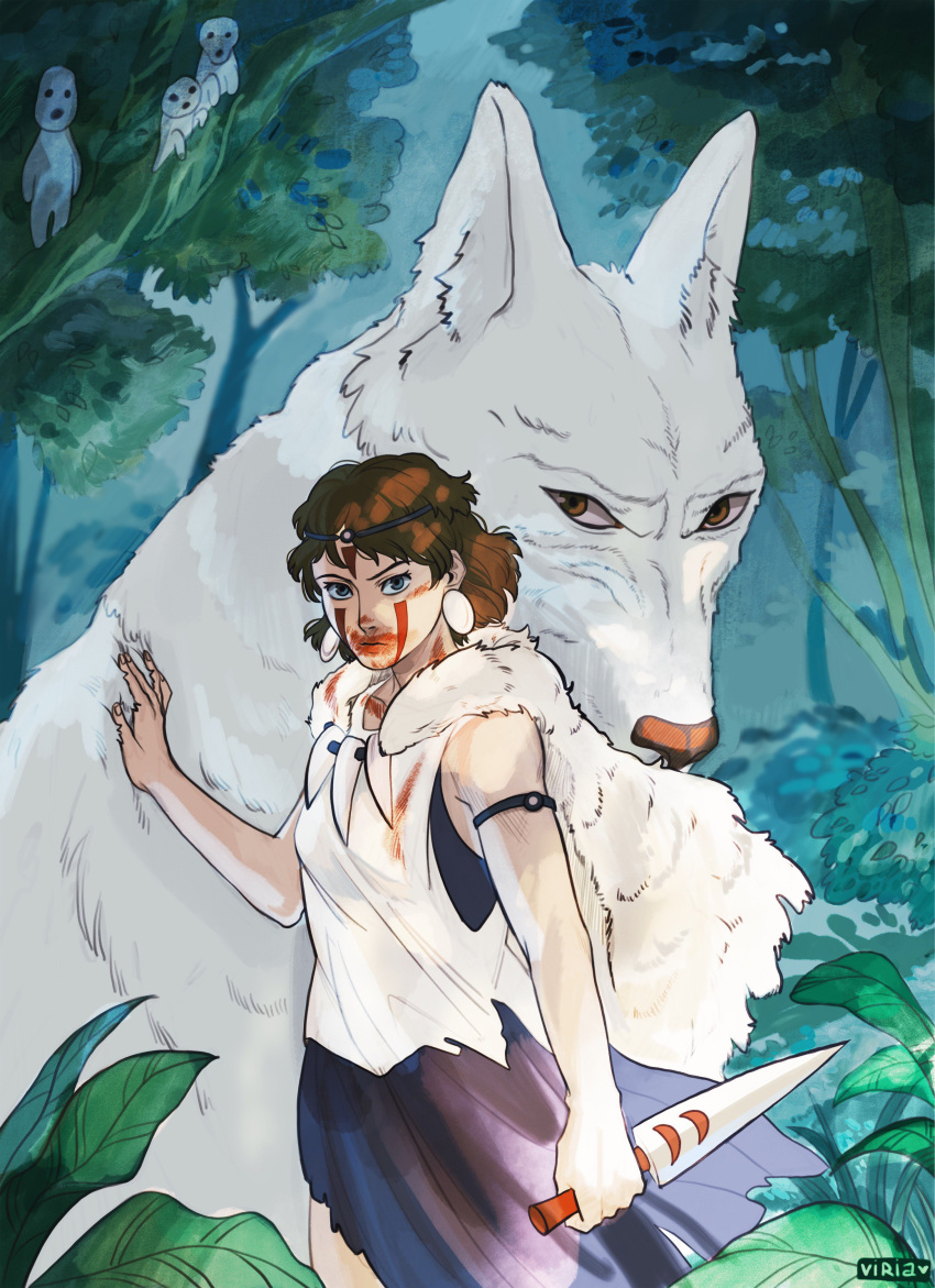 1girl absurdres armlet artist_name blood blood_on_face brown_hair cape cowboy_shot english_commentary forest fur_cape hand_on_animal highres holding holding_knife knife kodama looking_at_viewer mononoke_hime moro_no_ichizoku nature san_(mononoke_hime) short_hair viria13 white_cape white_wolf wolf