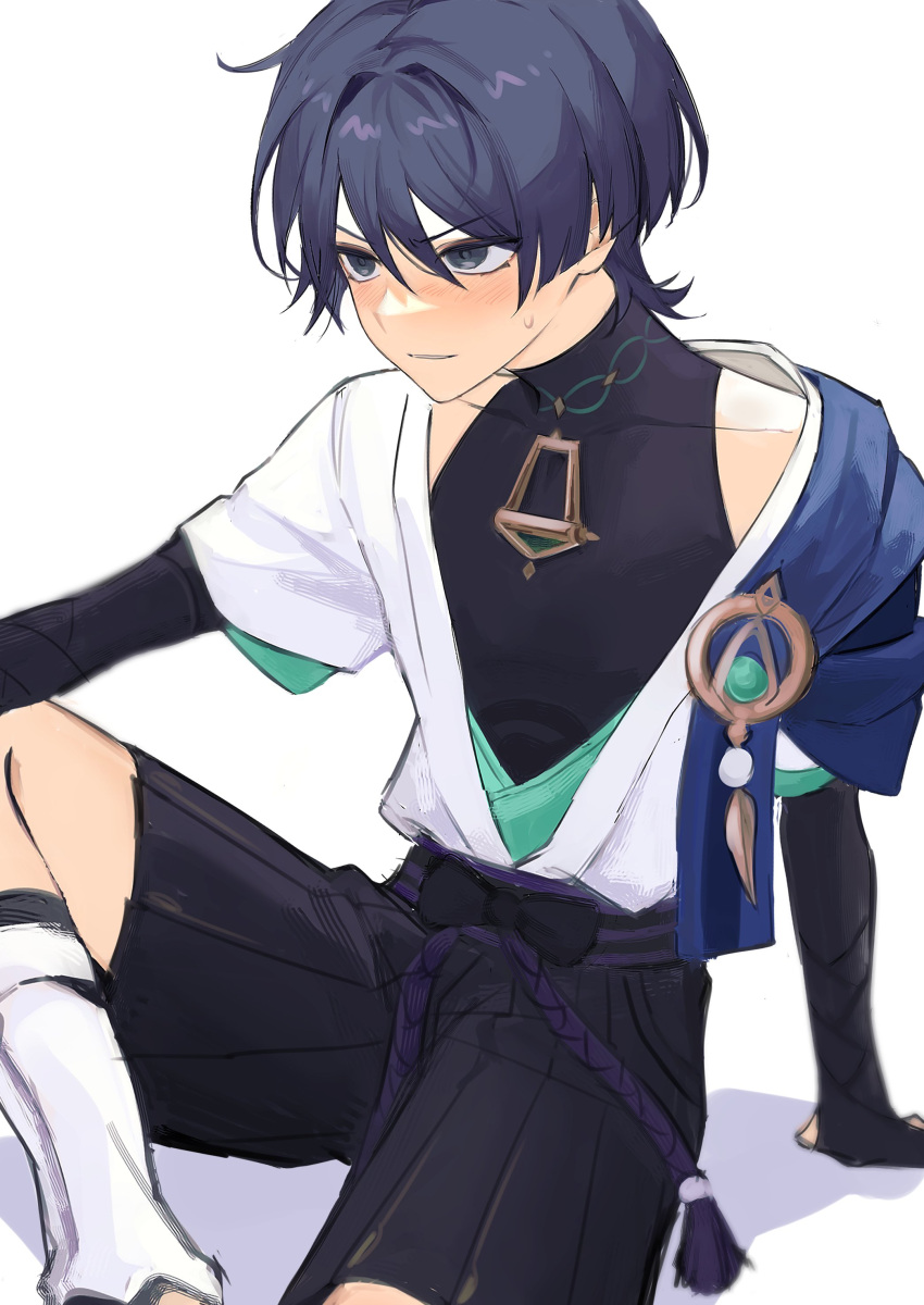 1boy absurdres armor black_eyes black_hair blue_hair blush genshin_impact hair_between_eyes highres japanese_armor japanese_clothes kote kurokote male_focus mandarin_collar mnce_o scaramouche_(genshin_impact) simple_background sitting solo sweat vision_(genshin_impact) wanderer_(genshin_impact) white_background