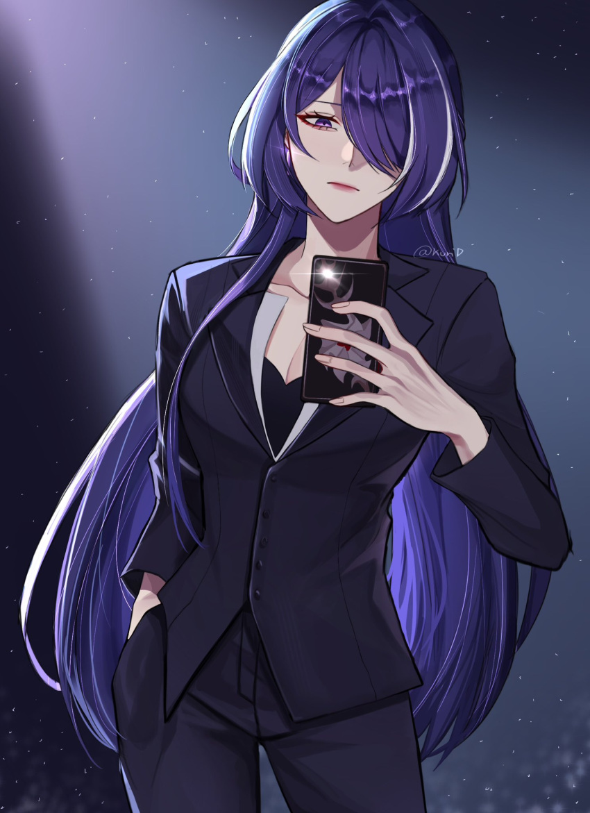 1girl acheron_(honkai:_star_rail) black_jacket black_pants breasts cellphone cleavage commentary cowboy_shot hand_in_pocket highres holding holding_phone honkai:_star_rail honkai_(series) jacket khundi long_hair looking_at_viewer multicolored_hair pants phone purple_eyes purple_hair purple_lips smartphone solo standing streaked_hair very_long_hair white_hair