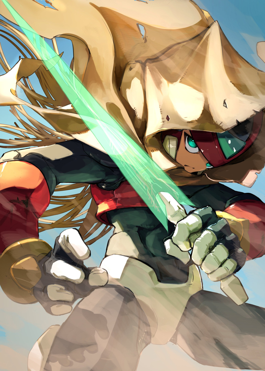 1boy absurdres armband blonde_hair cloak cowboy_shot crotch_plate energy_sword forehead_jewel green_eyes highres holding holding_sword holding_weapon hood hood_up hooded_cloak long_hair mega_man_(series) mega_man_zero_(series) omochi_(mochi_skymega) red_armband red_helmet solo sword weapon z_saber zero(z)_(mega_man) zero_(mega_man)