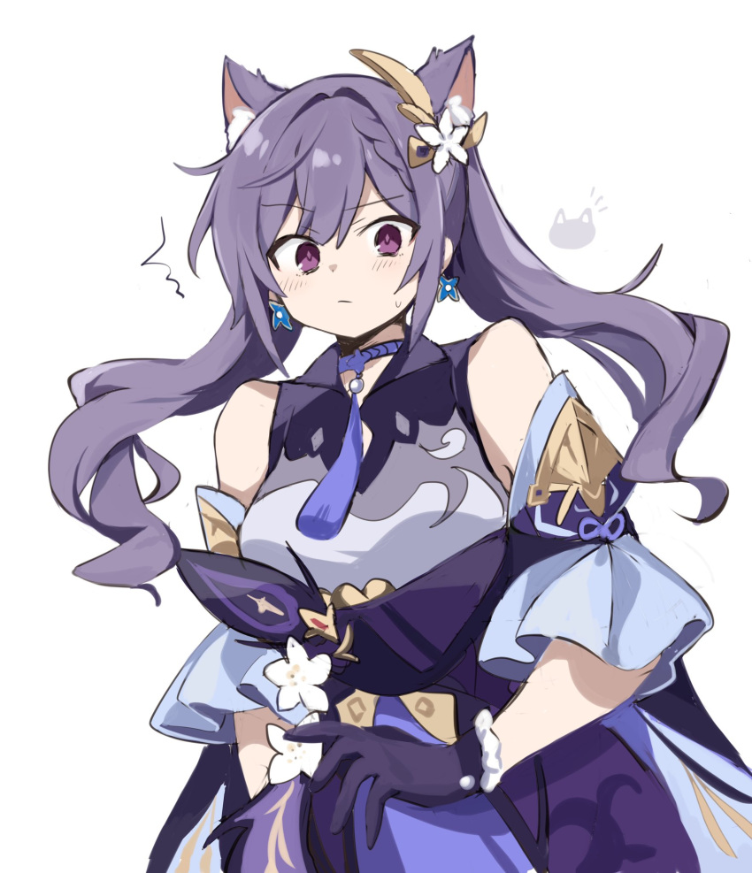 1girl animal_ear_fluff animal_ears bangs breasts cat_ears closed_mouth detached_sleeves dress earrings eyebrows_visible_through_hair flower freenote_mr genshin_impact gloves hair_between_eyes hair_ornament highres jewelry keqing_(genshin_impact) long_hair medium_breasts purple_dress purple_eyes purple_gloves purple_hair simple_background solo sweat tassel twintails white_background white_flower