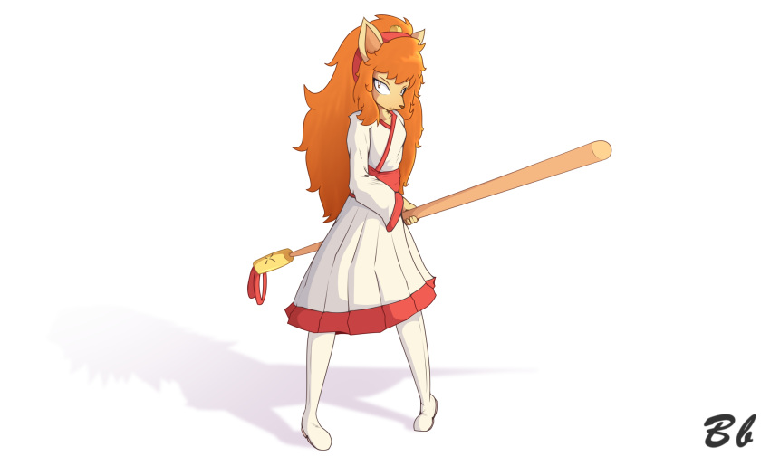 anthro asian_clothing bingbingo_(artist) boots canid canine ceroba_ketsukane clothing east_asian_clothing female footwear fox gold_bell hair hi_res holding_object holding_staff japanese_clothing kimono long_hair looking_at_viewer mammal orange_hair shadow simple_background solo staff standing undertale_(series) undertale_yellow white_background white_clothing