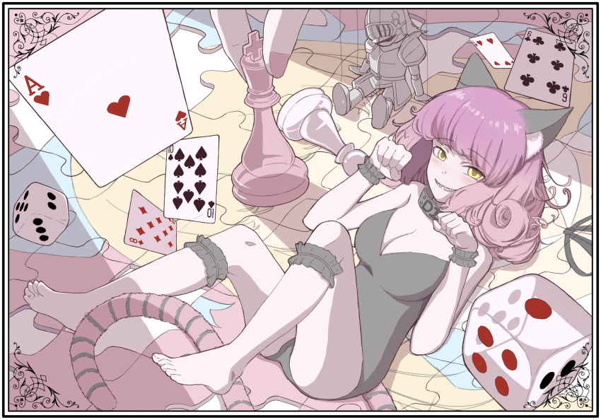 1girl ace_(playing_card) ace_of_hearts alice_(black_souls) animal_ears black_leotard black_souls card cat_ears cat_girl cat_tail cheshire_cat_(black_souls) chess_piece chxulozsx collar cube curly_hair dice eight_of_diamonds_(playing_card) grimm_(black_souls) heart highres king_(chess) legs_up leotard looking_at_viewer lying mini_person minigirl on_back paw_pose pink_hair playing_card puppet puzzle sharp_teeth six_of_clubs solo striped_tail tail teeth ten_of_spades