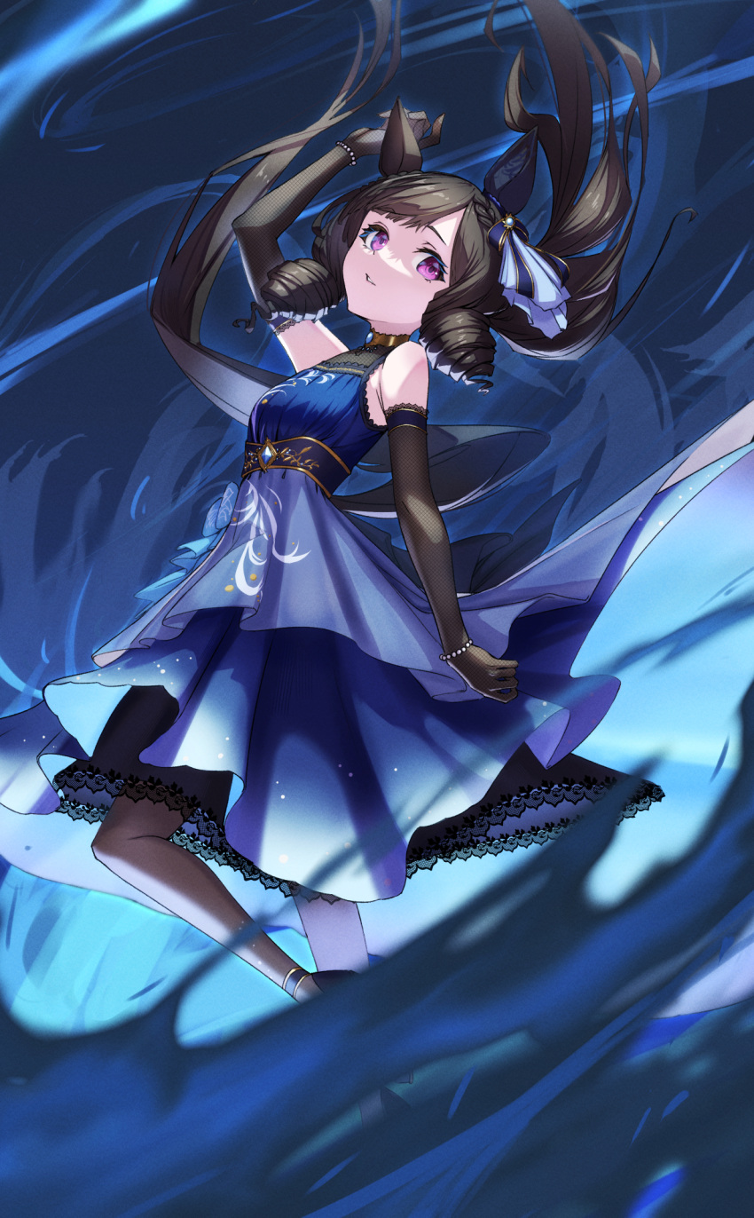 1girl animal_ears bare_shoulders black_gloves black_hair blue_dress daiichi_ruby_(flowing_blue)_(umamusume) daiichi_ruby_(umamusume) dress drill_hair elbow_gloves from_side gloves highres horse_ears horse_girl long_hair looking_to_the_side official_alternate_costume purple_eyes sleeveless sleeveless_dress solo twin_drills umamusume yakupan