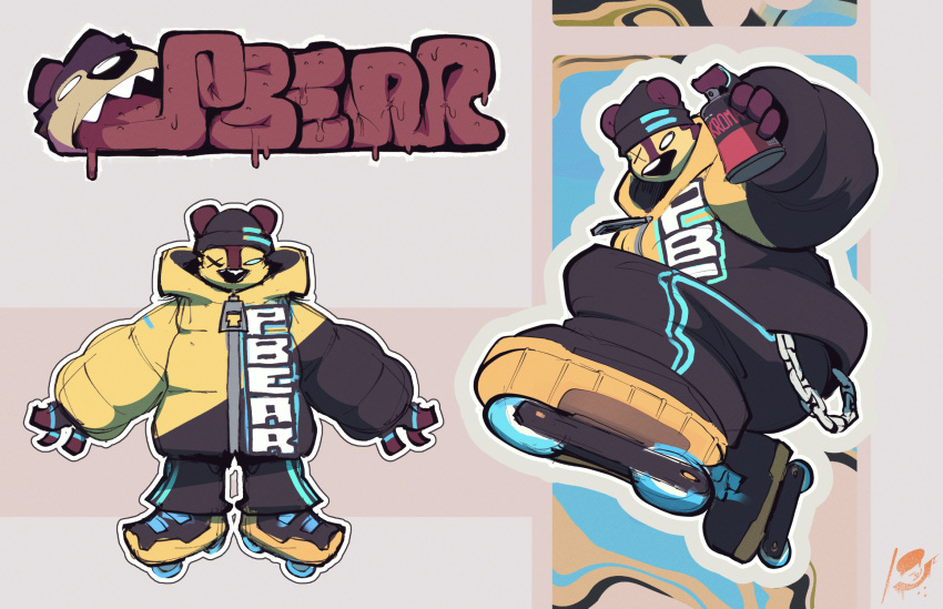 2023 anthro artist_logo beanie bear bomb_rush_cyberfunk bottomwear brown_body brown_fur chain character_name clothing digital_media_(artwork) fur graffiti hat headgear headwear hi_res jacket logo male mammal outline p.bear paint pants peculiart roller_skates solo spray_paint topwear x_eyes