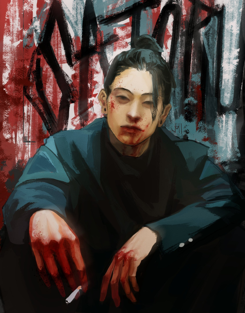 1boy black_eyes black_hair black_jacket black_pants blood blood_on_face blood_on_hands cigarette closed_mouth earrings elbows_on_knees feet_out_of_frame getou_suguru graffiti hair_bun highres holding holding_cigarette jacket jewelry jujutsu_kaisen jumi_skt looking_ahead looking_at_viewer loose_hair_strand male_focus pants single_hair_bun solo stud_earrings