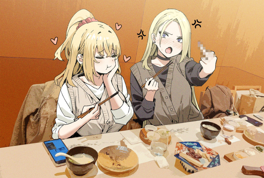 2girls black_sweater blonde_hair blush bowl breasts brown_vest cellphone censored chewing chopsticks closed_eyes earrings eating fang food hair_behind_ear heart high_ponytail highres jacket jewelry joshi_kousei_rich_thots large_breasts long_hair looking_at_viewer middle_finger mosaic_censoring multiple_girls open_mouth original parted_bangs phone placemat plate purple_eyes red_scrunchie rena_(sky-freedom) scrunchie sidelocks sitting skin_fang sky-freedom sleeves_rolled_up smartphone spoon sweater table vest white_sweater yui_(sky-freedom)