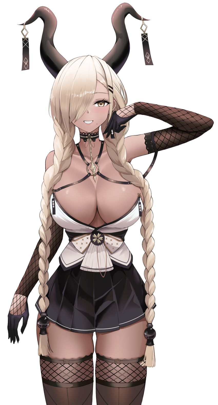 1girl absurdres azur_lane black_gloves black_skirt blonde_hair braid breasts brown_horns brown_thighhighs cleavage dark-skinned_female dark_skin elbow_gloves fishnet_gloves fishnet_thighhighs fishnets gloves hair_ornament hair_over_one_eye hairclip highres horn_ornament horns large_breasts large_horns long_hair looking_at_viewer low_twin_braids microskirt mole mole_under_mouth owari_(azur_lane) pleated_skirt sakuramon simple_background skirt smile solo standing teeth thighhighs tio_(005) twin_braids very_long_hair white_background yellow_eyes zettai_ryouiki