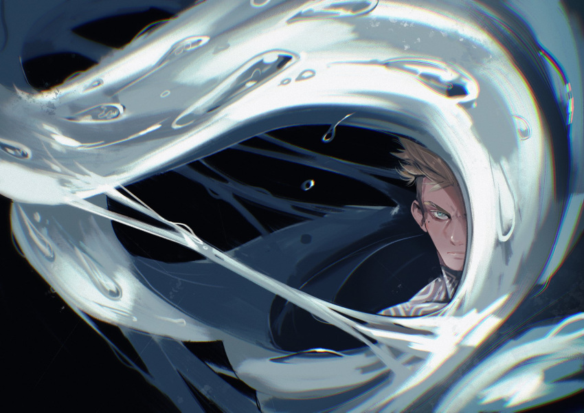 1boy black_background blonde_hair bodysuit closed_mouth frown furrowed_brow green_eyes grey_hair highres hollycircling looking_at_viewer male_focus mole mole_under_eye nicholas_d._wolfwood one_eye_covered short_hair solo spiked_hair tentacles trigun trigun_stampede undercut upper_body wading water