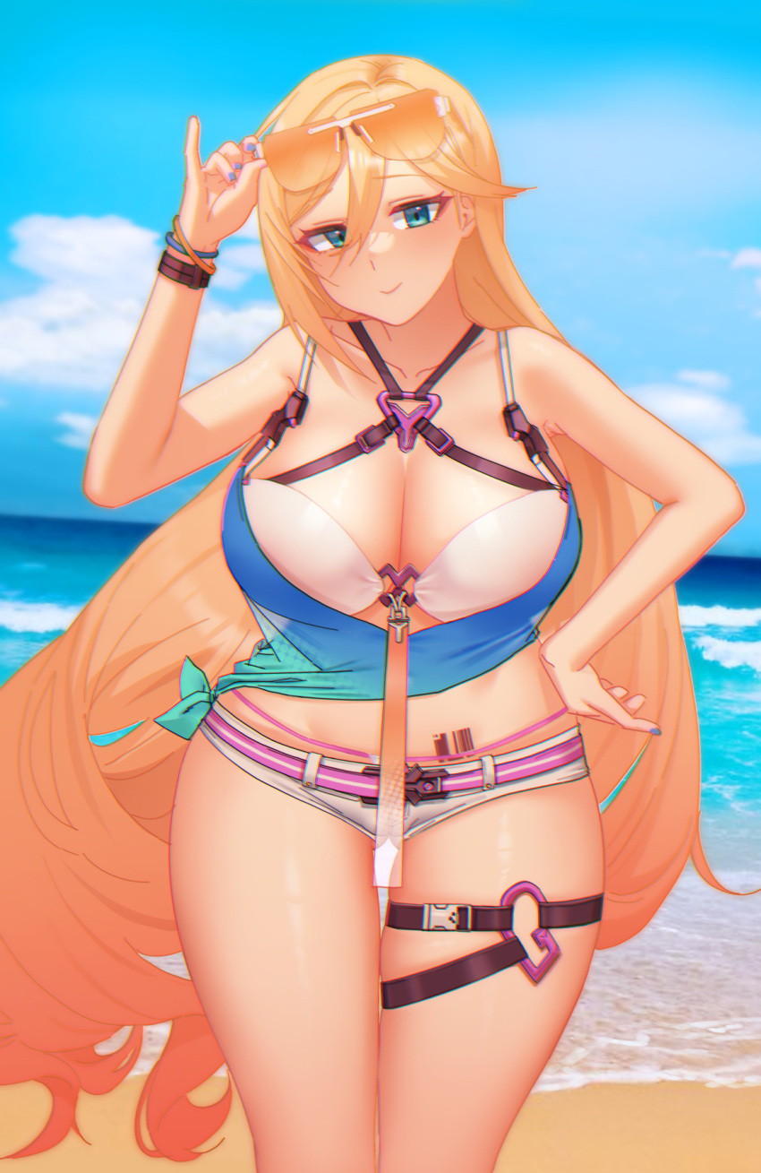 1girl barcode barcode_tattoo bare_shoulders belt bianka_durandal_ataegina bianka_durandal_ataegina_(valkyrie_gloria) blonde_hair blue_nails blue_shirt blue_sky breasts cleavage cloud cloudy_sky cowboy_shot english_commentary eun_bari highres holding holding_removed_eyewear honkai_(series) honkai_impact_3rd large_breasts leaning_forward long_hair nail_polish outdoors pinky_out sand shirt shorts sky sleeveless sleeveless_jacket smile solo summer sunglasses tattoo thigh_strap unworn_eyewear very_long_hair water white_shorts