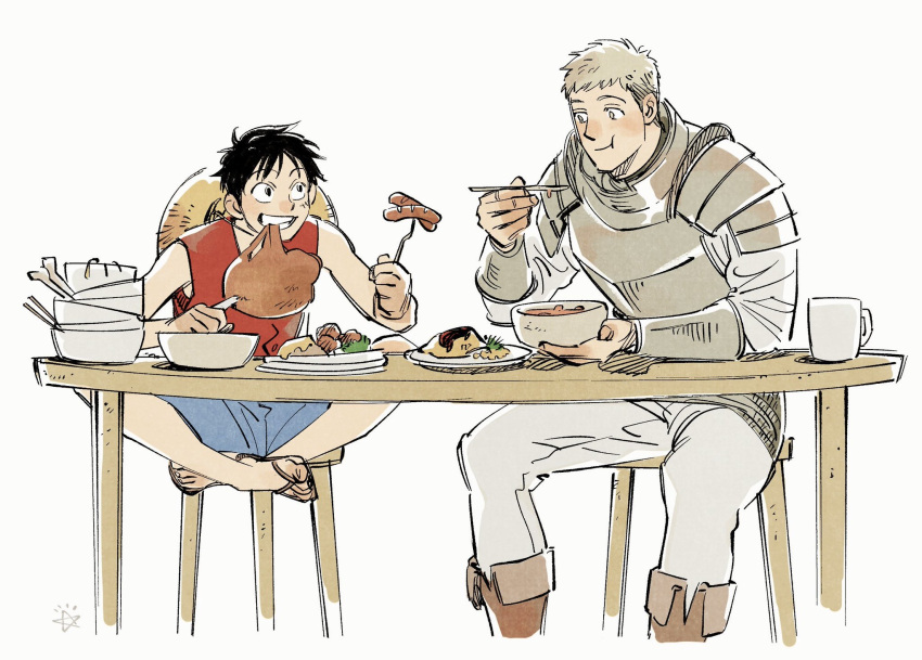 2boys :t armor black_hair blue_shorts boned_meat boots bowl bowl_stack commentary crossed_legs crossover cup dam_(okdam3) dungeon_meshi eating english_commentary eye_contact flip-flops food fork grey_hair grey_pants grin hat highres holding holding_food holding_fork holding_spoon laios_touden looking_at_another male_focus meat monkey_d._luffy mug multiple_boys one_piece pants plate_armor red_shirt sandals sausage shirt short_hair shorts sideways_glance sitting sleeveless sleeveless_shirt smile soup spoon stool straw_hat table unworn_hat unworn_headwear wooden_table