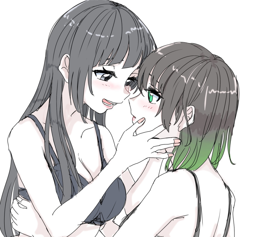 2girls black_bra black_hair blush bra breasts cleavage collarbone commentary face-to-face gradient_hair green_eyes green_hair grey_eyes hair_down hands_on_another's_cheeks hands_on_another's_face highres long_hair love_live! love_live!_nijigasaki_high_school_idol_club majime_na_gakuinsei medium_breasts multicolored_hair multiple_girls open_mouth parted_lips short_hair sidelocks takasaki_yu underwear upper_body white_background yuki_setsuna_(love_live!) yuri