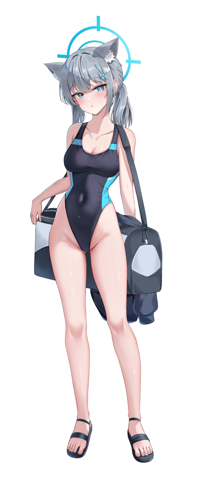 1girl absurdres animal_ear_fluff animal_ears bag black_one-piece_swimsuit blue_archive blue_eyes breasts competition_swimsuit covered_navel cross_hair_ornament extra_ears full_body grey_hair hair_ornament halo highleg highleg_swimsuit highres li_se low_ponytail medium_breasts medium_hair mismatched_pupils multicolored_clothes multicolored_swimsuit official_alternate_costume one-piece_swimsuit sandals shiroko_(blue_archive) shiroko_(swimsuit)_(blue_archive) simple_background solo standing swimsuit white_background wolf_ears