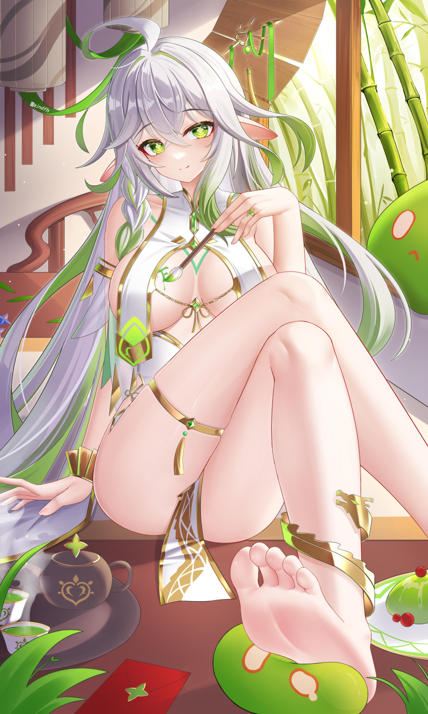 1girl absurdres alternate_costume arm_support artist_name bamboo bare_shoulders barefoot body_markings body_writing breast_curtains breasts breasts_apart calligraphy_brush colored_tips covered_collarbone cross-shaped_pupils crossed_legs dress foot_out_of_frame genshin_impact gold_bracelet gold_thighlet gold_trim green_eyes green_hair highres holding holding_calligraphy_brush holding_paintbrush indoors jewelry jndfh large_breasts long_hair looking_at_viewer multicolored_hair on_table paintbrush pelvic_curtain pointy_ears ring rukkhadevata_(genshin_impact) sidelocks sitting slime_(genshin_impact) smile soles solo symbol-shaped_pupils table tea teapot thighs white_dress white_hair