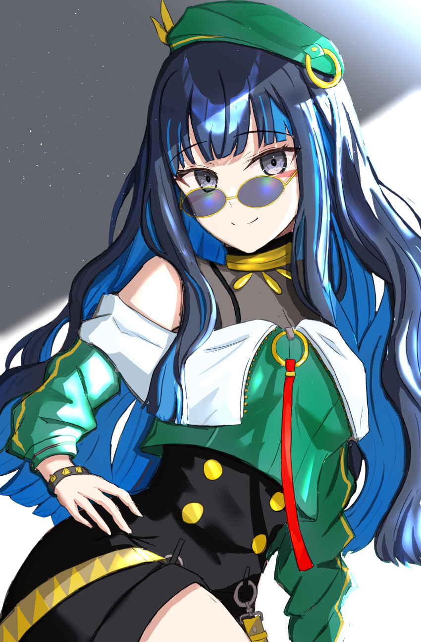 1girl absurdres bare_shoulders beret black_hair blue_hair bracelet colored_inner_hair fate/grand_order fate_(series) green_hat grey_eyes hands_on_own_hips hat highres jacket jewelry long_hair looking_at_viewer multicolored_hair smile solo sunglasses tenochtitlan_(fate) tenochtitlan_(second_ascension)_(fate) uriuriyukitti