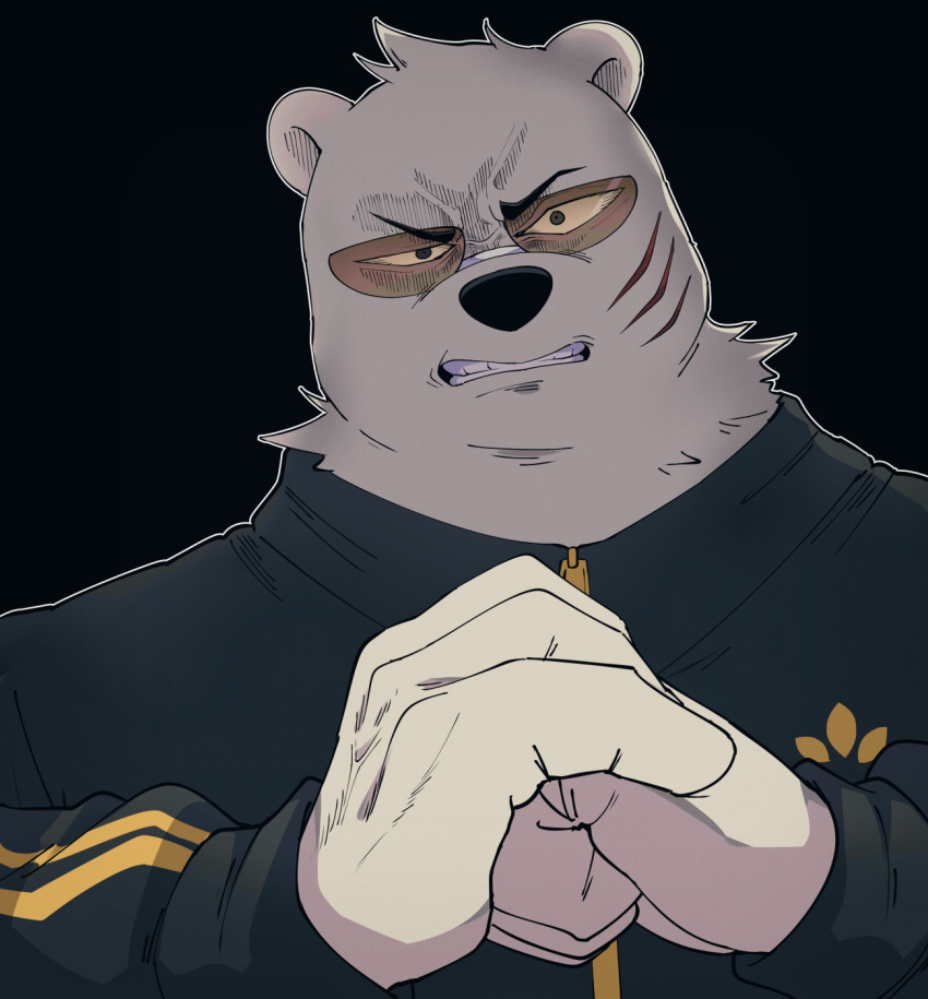 1boy angry bear_boy black_background black_track_suit clenched_teeth cracking_knuckles facing_viewer furry furry_male glasses highres looking_at_viewer odd_taxi omochiutyu scar scar_on_cheek scar_on_face sekiguchi_(odd_taxi) snout solo teeth track_suit uneven_eyes v-shaped_eyebrows veins white_fur