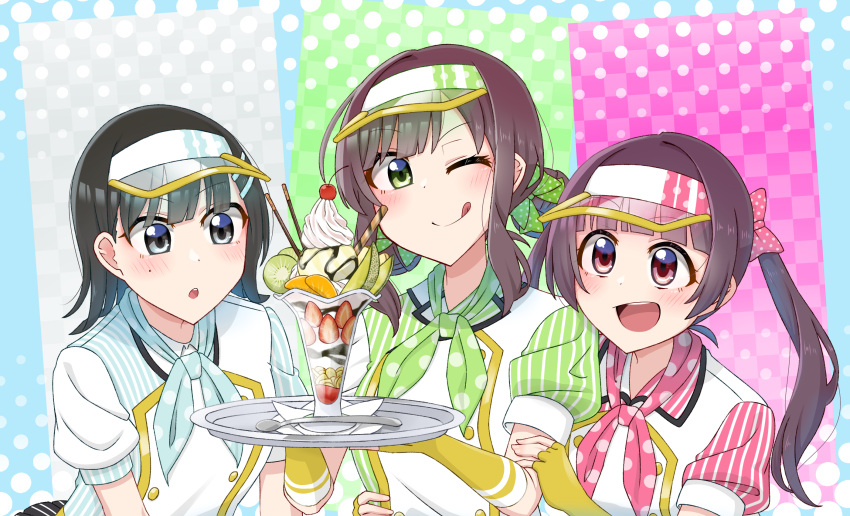 3girls :d :o ;q asymmetrical_shirt asymmetrical_sleeves behind_another black_hair blue_neckerchief blue_shirt blunt_bangs blush bow brown_hair buttons cherry chocolate_syrup closed_mouth commentary corn_flakes double-breasted elbow_gloves fingerless_gloves food fruit gloves green_bow green_eyes green_neckerchief green_shirt grey_eyes halftone halftone_background hand_on_another's_arm highres holding holding_tray ice_cream kiwi_(fruit) leaning_forward lone_nape_hair looking_at_food looking_at_viewer love_live! love_live!_school_idol_musical medium_hair mikasa_maya mismatched_sleeves multiple_girls napkin neckerchief one_eye_closed open_mouth orange_(fruit) parfait pink_neckerchief pink_shirt pocky polka_dot polka_dot_bow polka_dot_neckerchief ponytail red_eyes shirt sidelocks smile spoon strawberry sumeragi_yuzuha suzuka_rena tetetsu_(yuns4877) tongue tongue_out tray vertical-striped_sleeves visor_cap wafer_stick whipped_cream white_shirt yellow_gloves