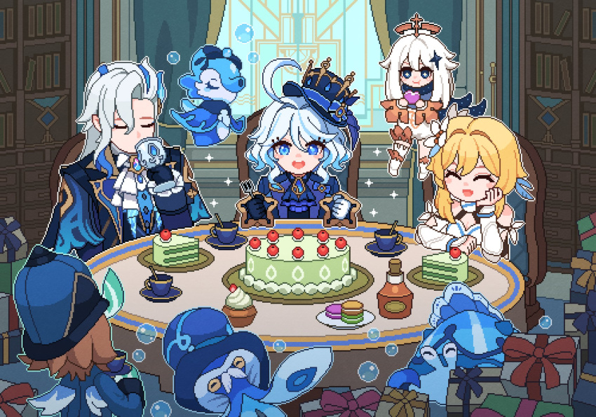 1boy 4girls :d :t ^_^ ahoge ascot asymmetrical_bangs asymmetrical_gloves black_eyes black_gloves blonde_hair blue_ascot blue_bow blue_coat blue_eyes blue_hair blue_hat blue_jacket blush blush_stickers book bookshelf boots bottle bow box bright_pupils brooch brown_hair bubble cake cake_slice chair chalice closed_eyes closed_mouth coat commentary cup cupcake curtains dress drinking eating elbow_rest english_commentary eyelashes feather_hair_ornament feathers flower flying food fork frilled_sleeves frills furina_(genshin_impact) genshin_impact gentilhomme_usher gift gift_box gloves gold_trim hair_between_eyes hair_flower hair_intakes hair_ornament halo hand_up hat hat_bow head_rest heterochromia highres holding holding_cup holding_food holding_fork indoors jacket jewelry lapels long_hair long_sleeves looking_at_viewer lumine_(genshin_impact) macaron mademoiselle_crabaletta medium_hair melusine_(genshin_impact) mismatched_gloves multicolored_hair multiple_girls neuvillette_(genshin_impact) on_chair open_mouth paimon_(genshin_impact) parted_bangs pixel_art plate pointy_ears ppyok_1017 romper round_table saucer sedene_(genshin_impact) short_hair short_hair_with_long_locks sidelocks single_thighhigh sitting sleeve_cuffs sleeveless sleeveless_dress smile sparkle star_(symbol) star_hair_ornament streaked_hair surintendante_chevalmarin swept_bangs table teacup teeth thighhighs tilted_headwear top_hat tray u_u upper_teeth_only vambraces white_ascot white_dress white_flower white_footwear white_gloves white_hair white_pupils white_romper white_thighhighs window