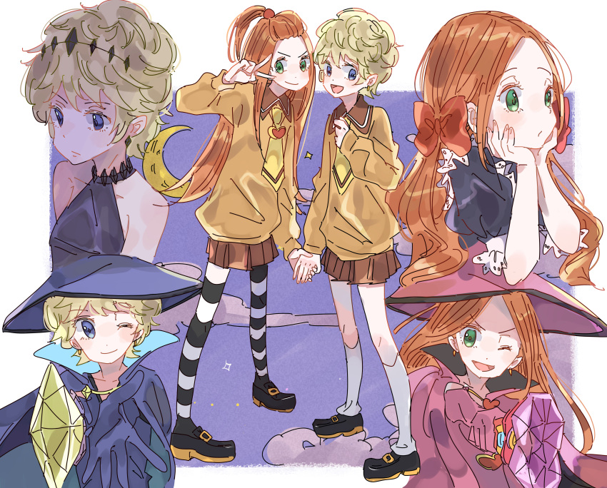 2girls absurdres black_pajamas black_thighhighs blonde_hair blue_eyes bow cape chocolat_meilleure cloud commentary_request crown dress earrings full_body gloves green_eyes hair_bow hands_on_own_cheeks hands_on_own_face heart_pendant highres holding holding_wand jewelry kneehighs long_hair long_sleeves looking_ahead looking_at_viewer mizu_(akimidu) multiple_girls multiple_views necktie one_eye_closed orange_hair pajamas pink_cape pink_gloves pink_hat puffy_sleeves purple_cape purple_gloves purple_hat purple_sky red_bow school_uniform shoes short_hair sidelocks skirt sky smile socks striped_clothes striped_thighhighs sugar_sugar_rune thighhighs turtleneck turtleneck_dress twintails two-tone_thighhighs v vanilla_mieux wand white_thighhighs witch yellow_necktie