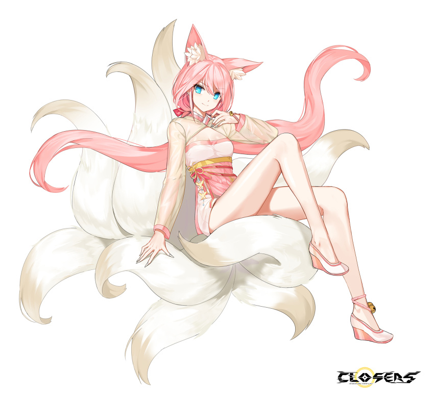 1girl alternate_hair_color animal_ear_fluff animal_ears ankle_bell arm_support bare_legs blue_eyes bow breasts cleavage cleavage_cutout closed_mouth closers clothing_cutout copyright_name dress fingernails floating_hair fox_ears fox_girl fox_tail full_body hair_bow hand_up high_heels highres kitsune knee_up kyuubi layered_dress logo long_fingernails long_hair long_sleeves looking_at_viewer low_twintails medium_breasts multiple_tails official_art pink_bow pink_dress pink_hair see-through see-through_sleeves seulbi_lee sitting sitting_on_tail smile smirk solo tachi-e tail twintails two-tone_dress very_long_hair wedge_heels white_background white_footwear yellow_dress yellow_sleeves yellow_tail