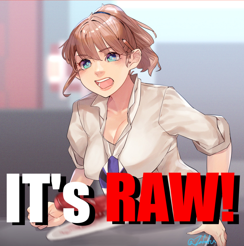 1girl absurdres blue_eyes blurry blurry_background breasts brown_hair cleavage collared_shirt cosplay english_text food fuwafuwatoufu gordon_ramsay gordon_ramsay_(cosplay) hair_between_eyes hell's_kitchen highres intrepid_(kancolle) kantai_collection large_breasts medium_breasts meme one-hour_drawing_challenge open_mouth pencil ponytail shirt solo twitter_username white_shirt