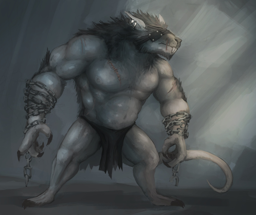 anthro black_body black_fur bottomwear chain claws clothing ear_piercing eye_patch eyewear fur grey_body grey_fur izrez loincloth male mammal murid murine muscular muscular_male piercing rat rat_ogre rodent scar skaven solo standing teeth warhammer_(franchise) warhammer_fantasy