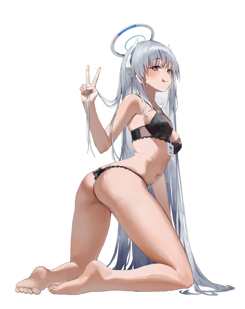 1girl absurdres ass bare_arms bare_legs bare_shoulders barefoot black_bra black_panties blue_archive blush bra breasts feet from_behind full_body grey_hair hair_between_eyes halo highres id_card kneeling lanyard licking_lips long_hair looking_at_viewer looking_back medium_breasts navel noa_(blue_archive) panties purple_eyes simple_background smile soles solo thighs toes tongue tongue_out underwear underwear_only v very_long_hair white_background yohwa